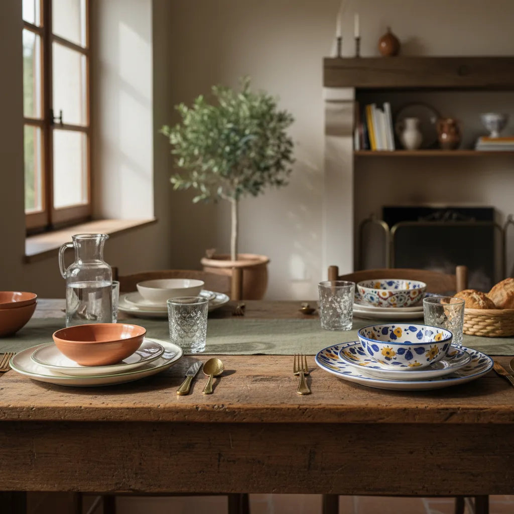 Comparativa de vajilla italiana Brandani y Bitossi sobre mesa de comedor con luz natural