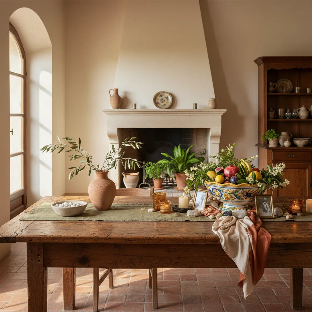 Centro de mesa minimalista versus maximalista sobre mesa de comedor de madera
