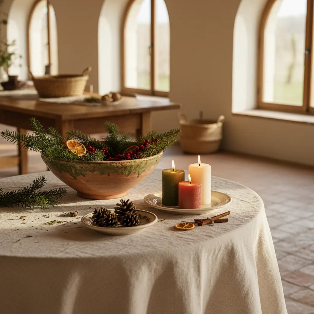 Centro de mesa de Navidad con cerámica italiana, velas y ramas de abeto sobre mantel de lino