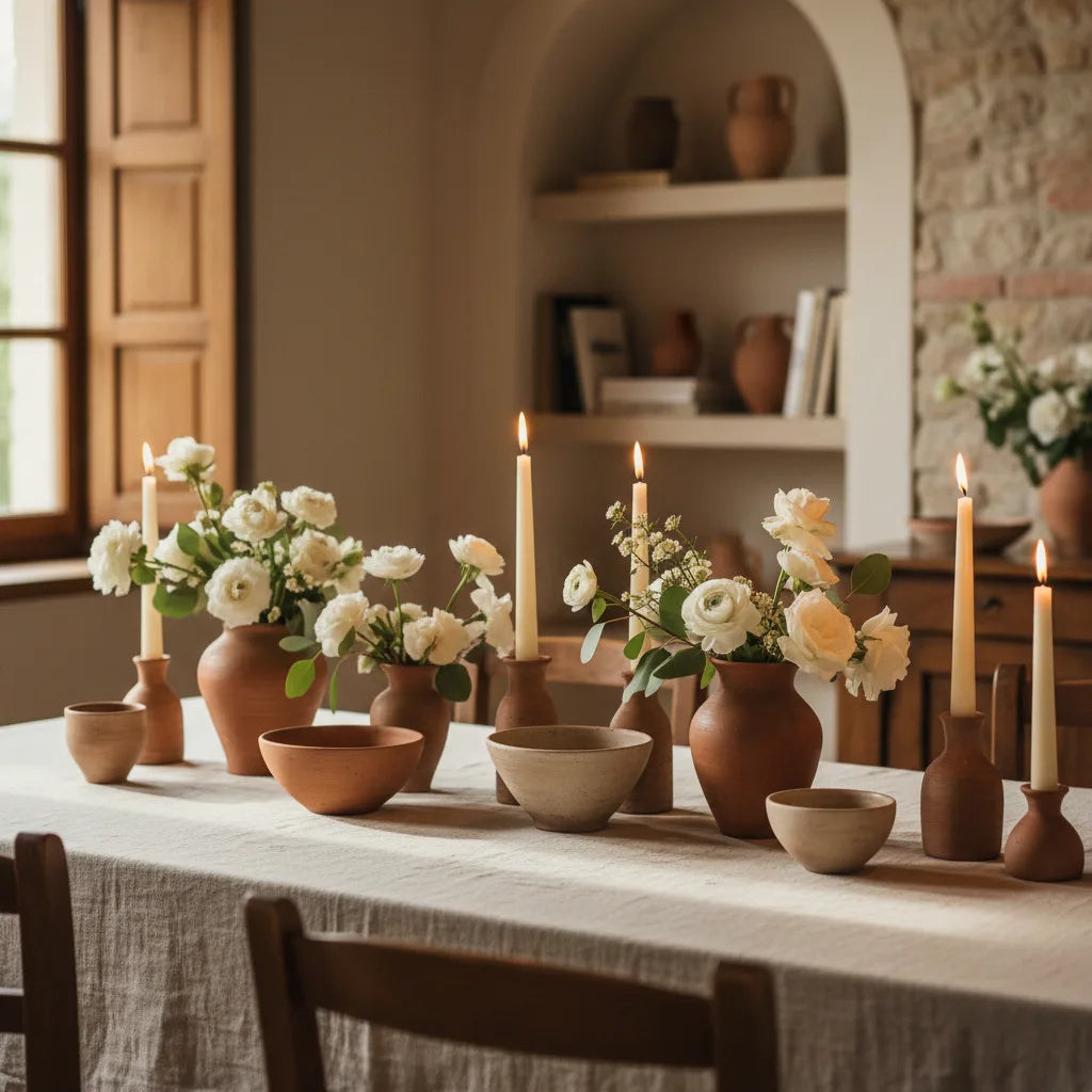 Centros de mesa para boda elegantes con cerámica artesanal, flores blancas y velas sobre mantel de lino