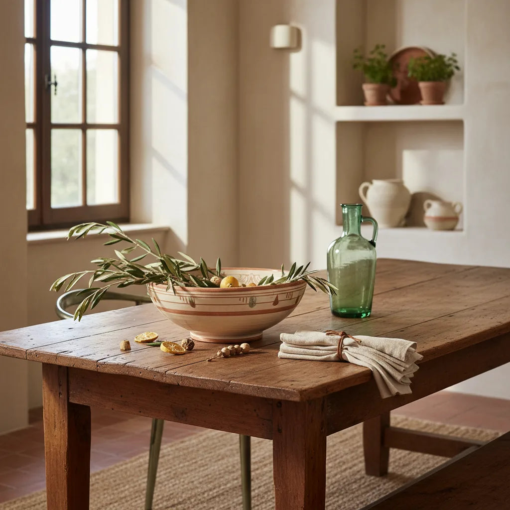 Centro de mesa de cerámica italiana sobre mesa de comedor de madera con decoración mediterránea