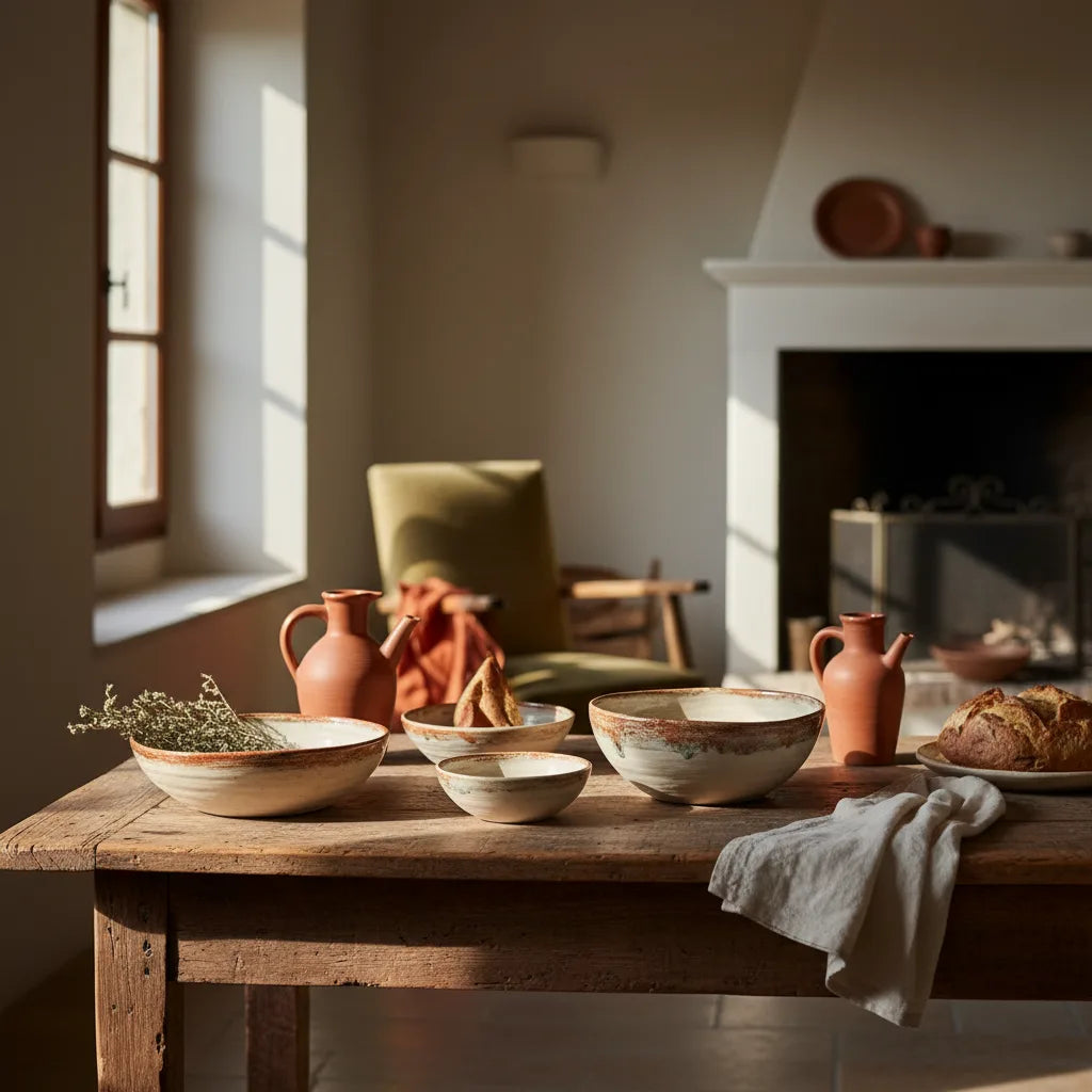 Cuencos de cerámica italiana de distintos tamaños sobre mesa de madera con luz natural