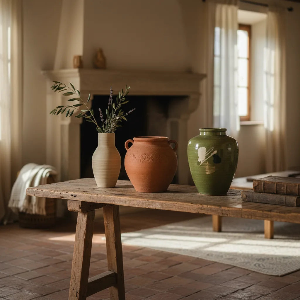Jarrones decorativos de cerámica colocados con proporción correcta sobre consola de madera