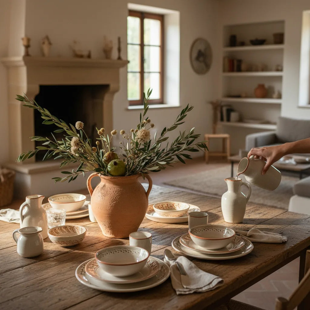 Decoración mesa comedor para cena especial con vajilla italiana y centro de mesa de cerámica