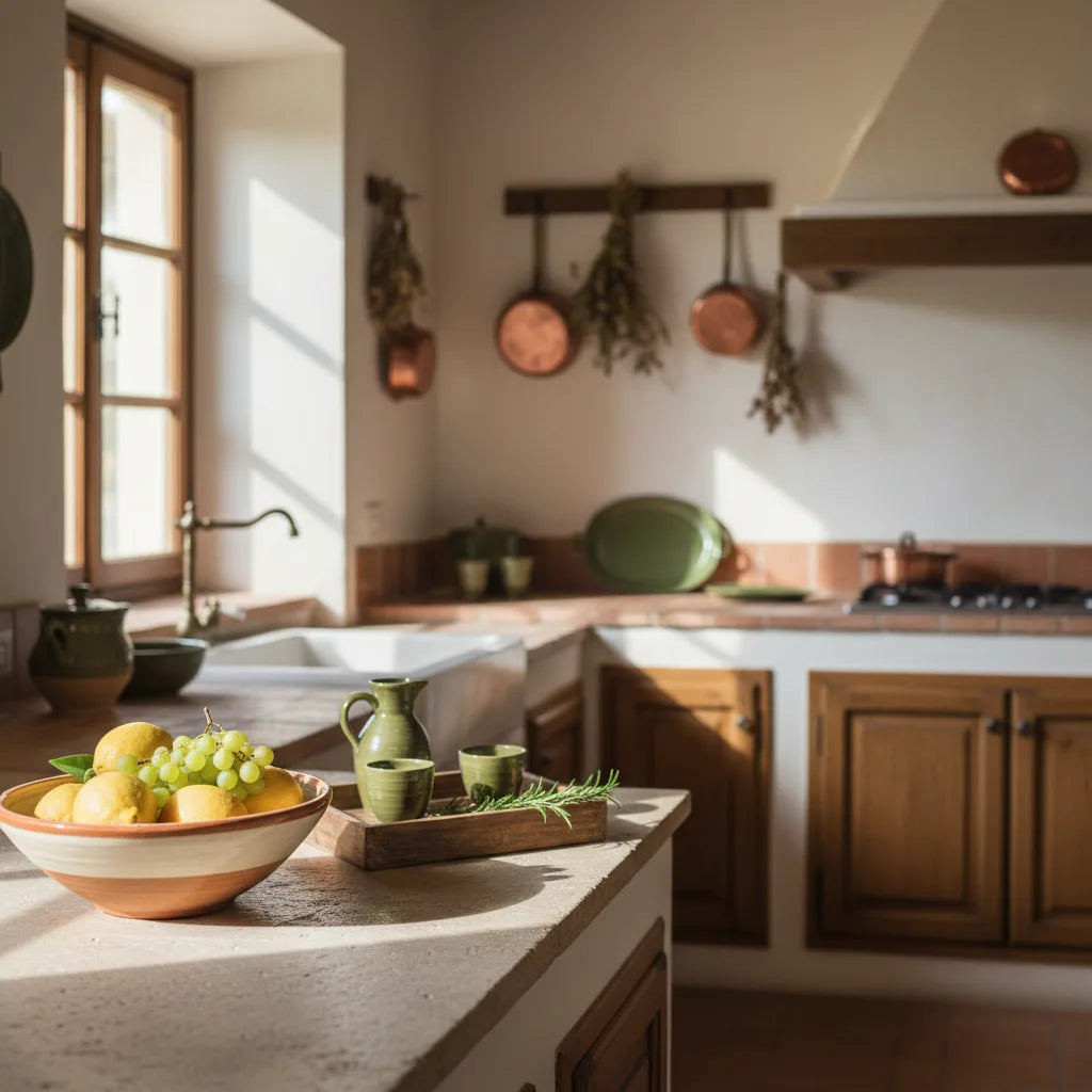 Frutero de cerámica decorativo y bandeja sobre encimera de cocina con luz natural