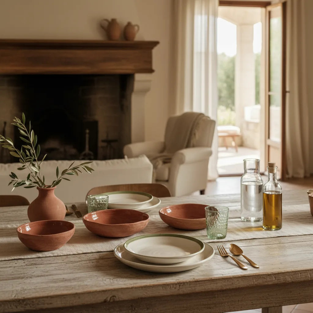 Selección de menaje italiano premium de distintas marcas sobre mesa de comedor mediterránea