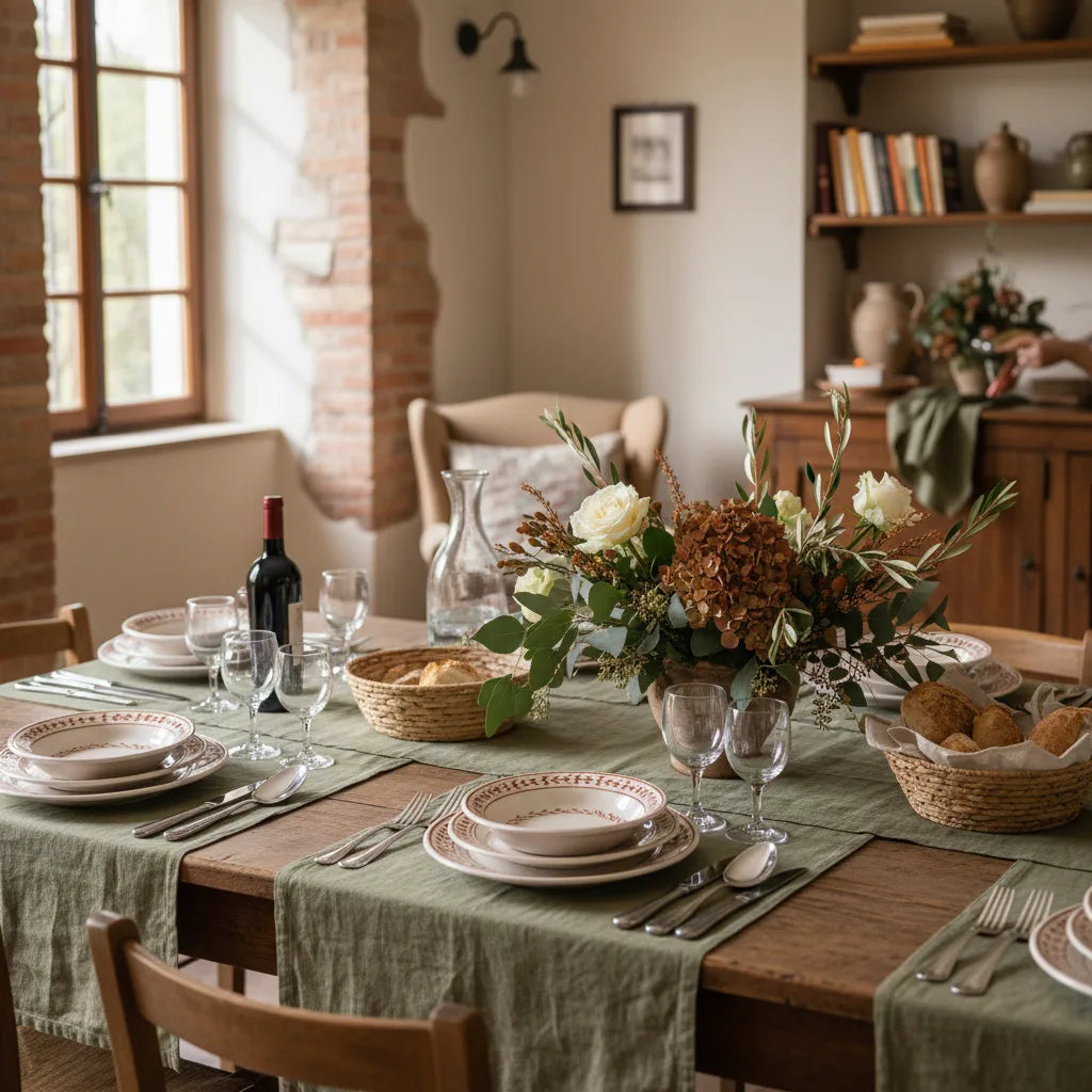 Mesa puesta para invitados con vajilla italiana, cubiertos en orden correcto y centro de mesa con flores