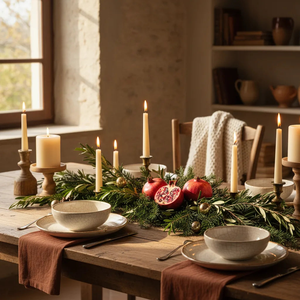 Mesa puesta de Navidad con estilo italiano: vajilla de cerámica, velas, ramas de abeto y granadas como centro de mesa