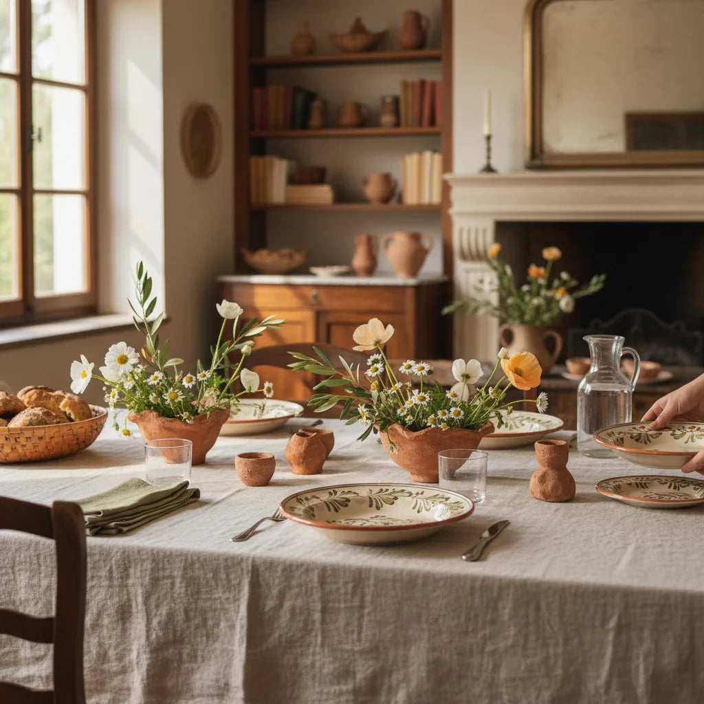 Mesa puesta de primavera con vajilla de cerámica italiana, flores frescas y mantel de lino