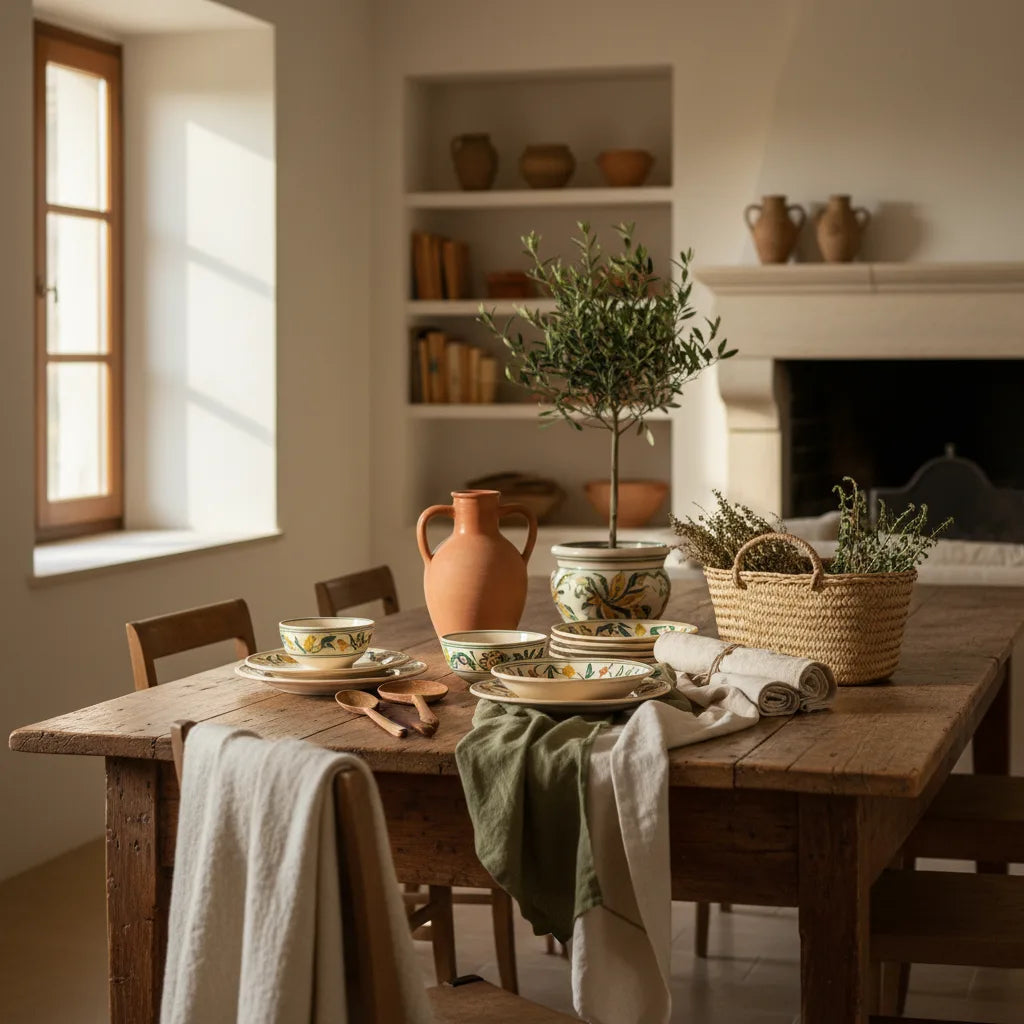Ideas de regalo para inauguración de casa: menaje y decoración italiana sobre mesa de comedor