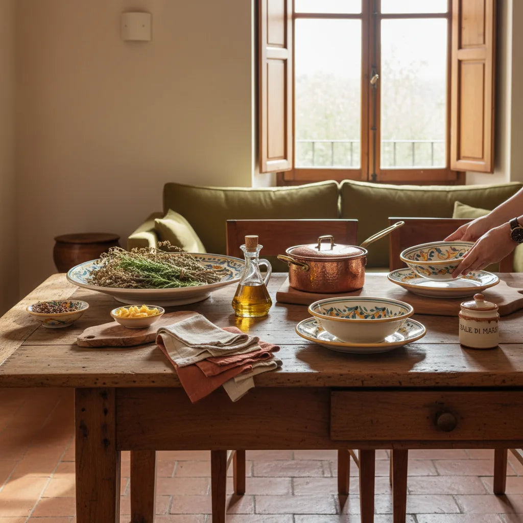 Regalos originales para amantes de la cocina: menaje decorativo italiano sobre mesa de madera