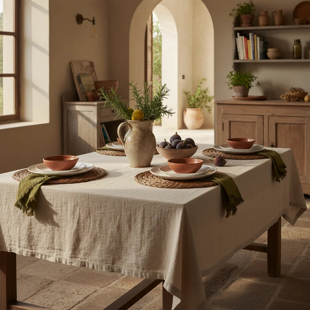 Decoración mesa cocina con mantel de lino, servilletas de tela y bajoplatos de fibra natural