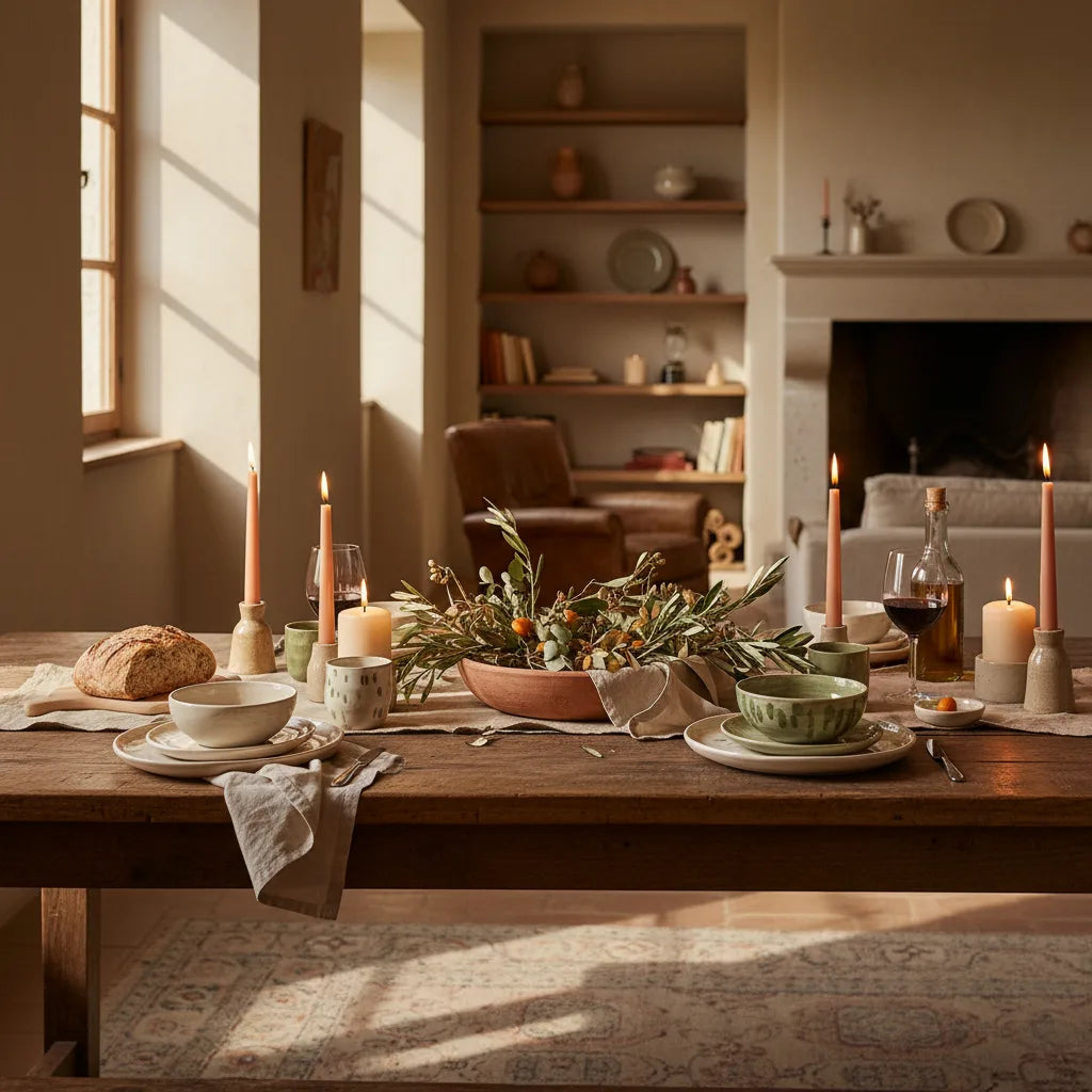 Mesa decorada con estilo tablescaping: vajilla cerámica, velas y centro de mesa natural en salón con luz cálida