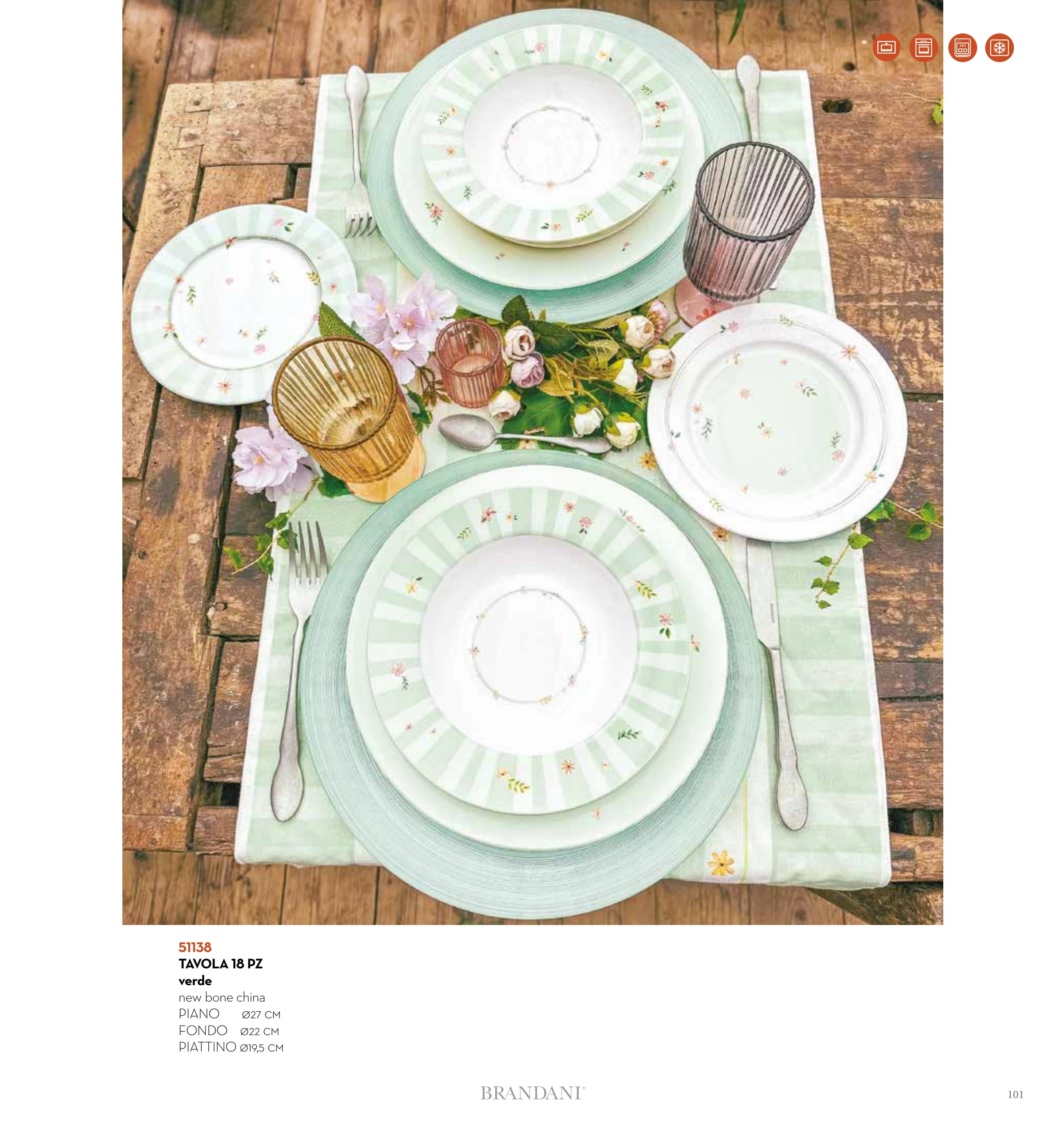 SET DE MESA 18 PZAS POLLINE VERDE NEW BONE CHINA — brandani-catalogo-tavola-2026 pág. 102