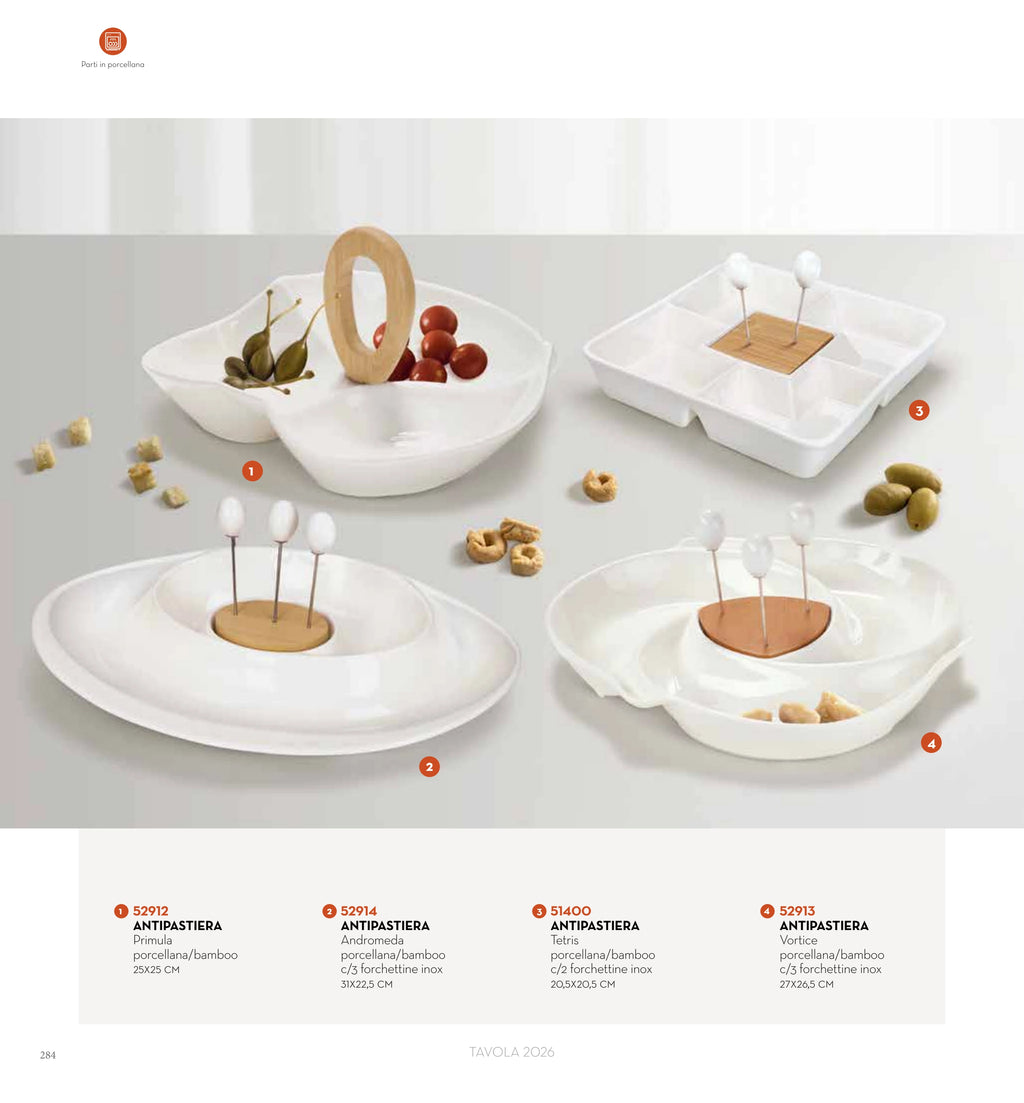 CENTRO APERITIVOS ANDROMEDA PORCELANA/BAMBOO C/ 3 TENEDORES — brandani-catalogo-tavola-2026 pág. 287