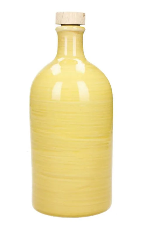 Aceitera artesanal de cerámica amarilla con capacidad de 500 ml, diseño italiano.