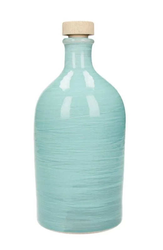 Aceitera artesanal Brandani de 500ml en color turquesa, vista frontal.