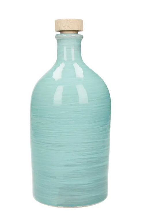 Aceitera artesanal Brandani de 500ml en color turquesa, vista frontal.