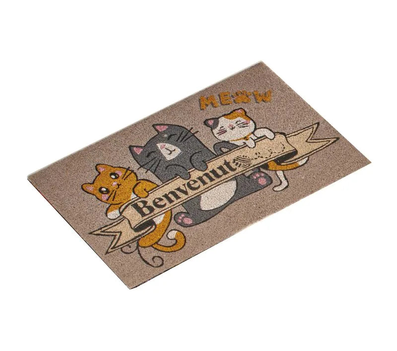 Alfombra Gatti con diseño de gatos para puerta de entrada, color neutro.