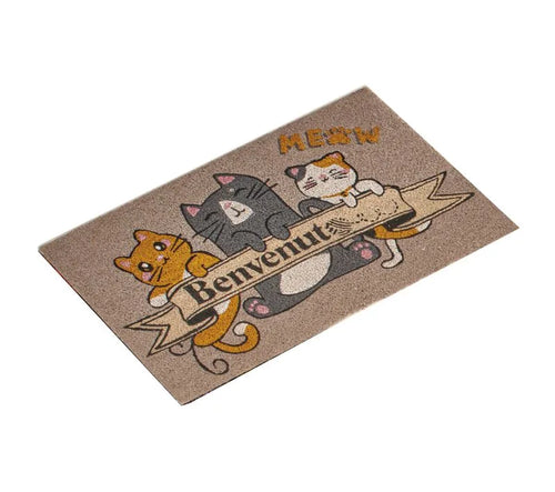 Alfombra Gatti con diseño de gatos para puerta de entrada, color neutro.