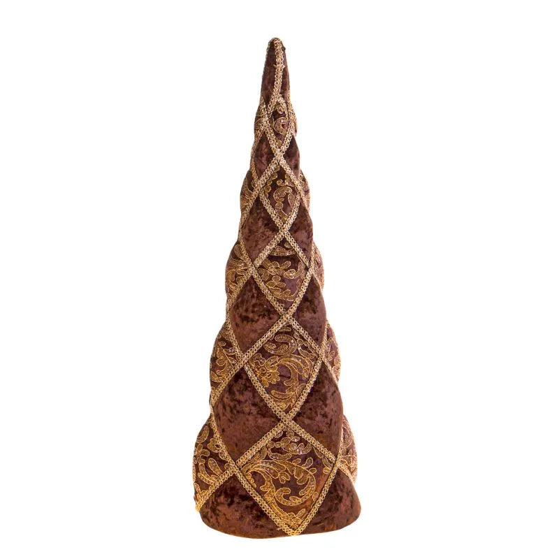 Árbol de Navidad de terciopelo marrón con patrón de rombos, de 79 cm de altura y 28 cm de diámetro.