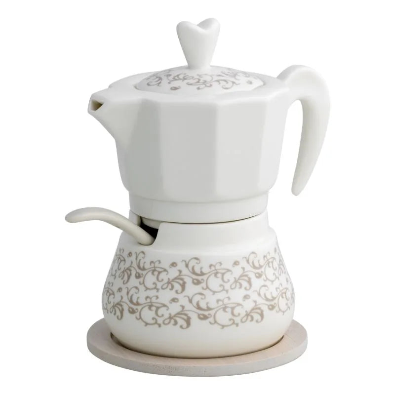 Azucarero Rizos de Hada de porcelana blanca con soporte de bambú natural, mostrando su diseño detallado.