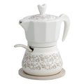 Azucarero Rizos de Hada de porcelana blanca con soporte de bambú natural, mostrando su diseño detallado.