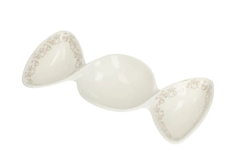Bandeja "Rizos de Hada" de porcelana blanca con detalles rizados, vista frontal.