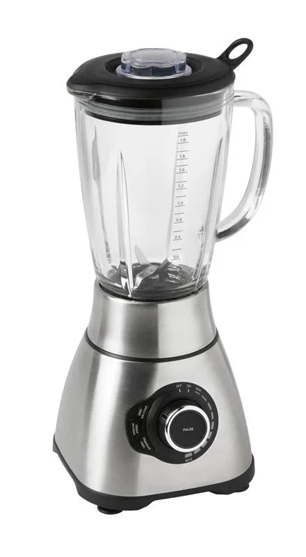 Batidora High Speed Techno Collection con cuerpo de acero inoxidable y jarra de cristal.