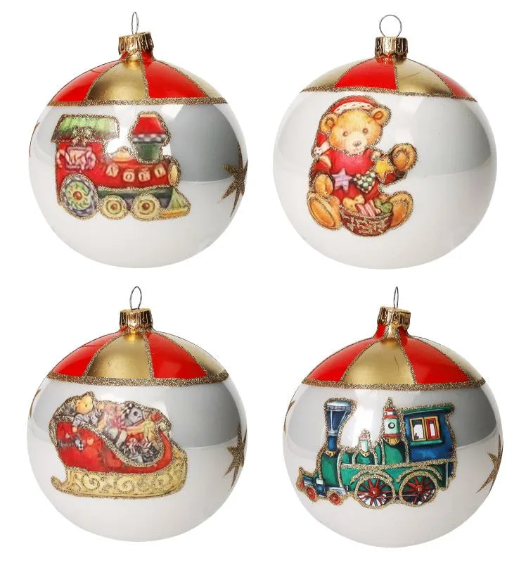 Bola de Navidad de 10 cm de diámetro, con diseño surtido pintado a mano, presentada sobre un fondo neutro.