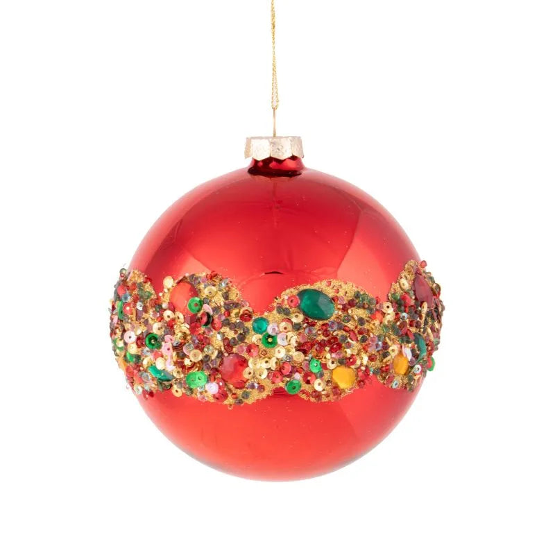 Bola de Navidad de 10 cm de diámetro, de color rojo, con lentejuelas y un pequeño diamante en la parte superior.