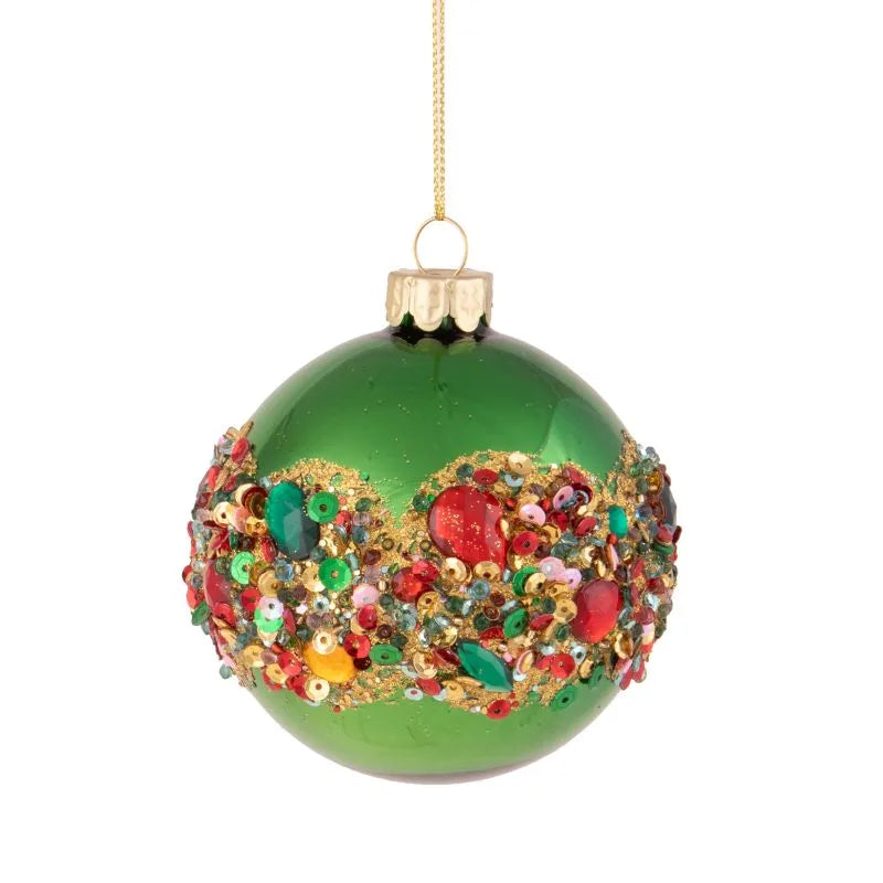 Bola de Navidad de 10 cm en color verde, decorada con lentejuelas y un pequeño diamante, con acabado brillante.