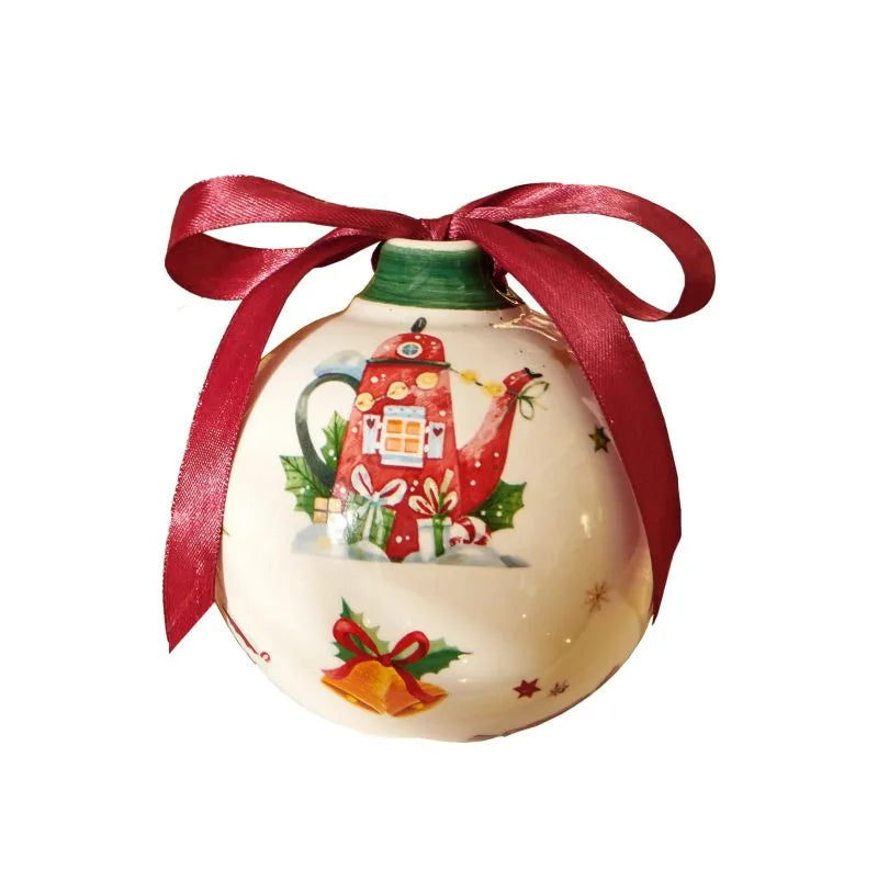 Bola de Navidad Brandani con forma de tetera de cerámica, de 10 cm de altura, detalle de diseño italiano.