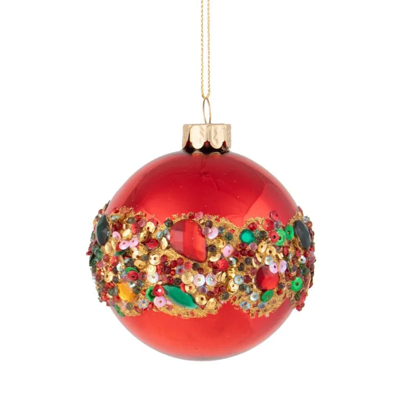 Bola de Navidad de 12 cm de diámetro, color rojo, decorada con lentejuelas y detalles brillantes que simulan diamantes.