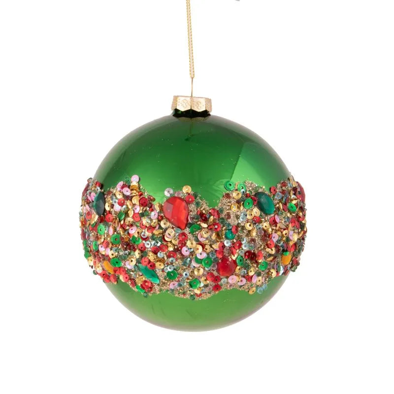 Bola de Navidad de 12 cm con lentejuelas y detalle de diamante en color verde.