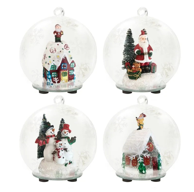 Bola de Navidad decorada con luz LED y diseño interior surtido, tamaño 11 x 13.5 cm.