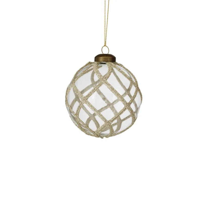 Bola de Navidad Intreccio de 8 cm, con un diseño que evoca texturas tejidas y un acabado brillante, lista para colgar.