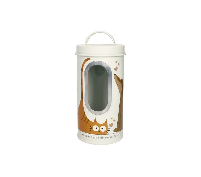 Bote de galletas Brandani Cane-Gatto Avora con diseño de perro y gato sobre fondo blanco.
