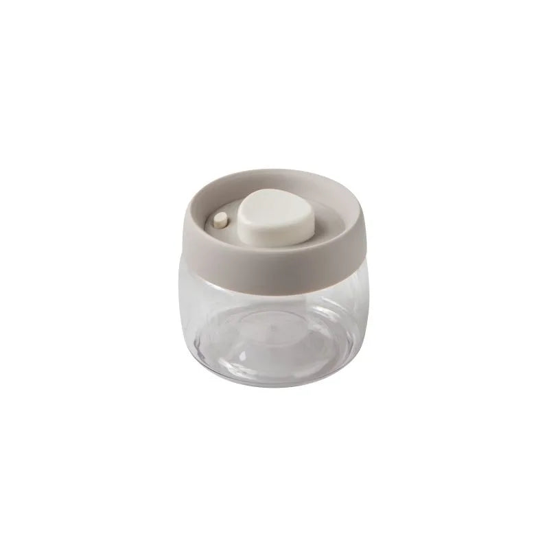Bote hermético de 300g con tapa en blanco y cuerpo en tono arena, ideal para conservación de alimentos.