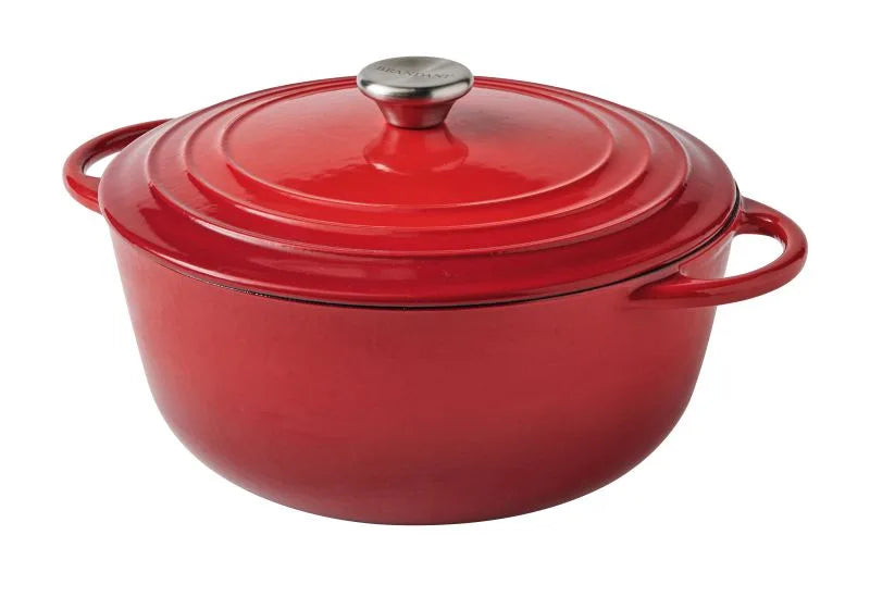 Cocotte de hierro fundido esmaltado roja de 5 litros con tapa.