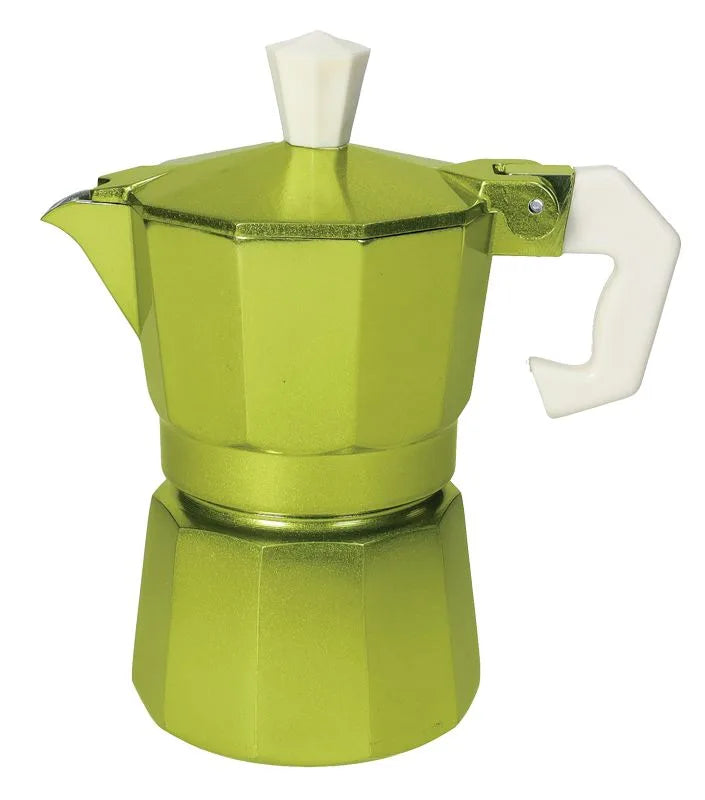 Cafetera italiana de 1 taza en color verde, con tapa y asa plateadas.