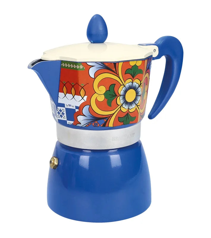 Cafetera Rosalia Azul de 3 tazas, con diseño italiano y acabado en color azul.