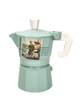 Cafetera Dolce Vita Tiffany de 1 taza en color azul claro, con asa y tapa doradas.