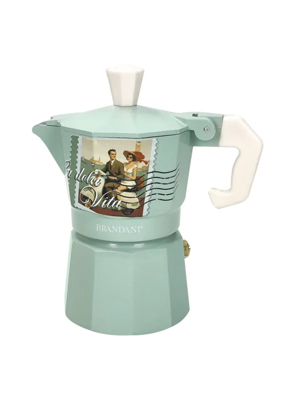Cafetera Dolce Vita Tiffany de 1 taza en color azul claro, con asa y tapa doradas.