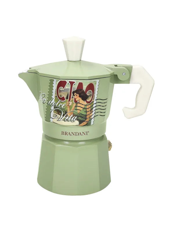 Cafetera Dolce Vita verde de 1 taza con tapa abierta, mostrando el interior para el café.