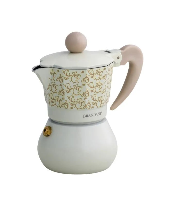Cafetera italiana de aluminio color plata, modelo Riccioli di Fata de Brandani, con capacidad para 1 taza. Vista frontal.