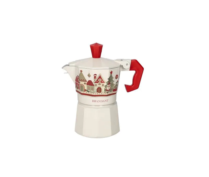 Cafetera de aluminio color marfil, colección Villaggio In Festa, con asa y tapa.