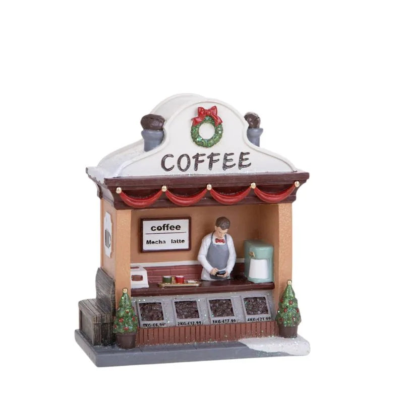 Cafetera decorativa italiana con luz LED integrada, vista frontal.
