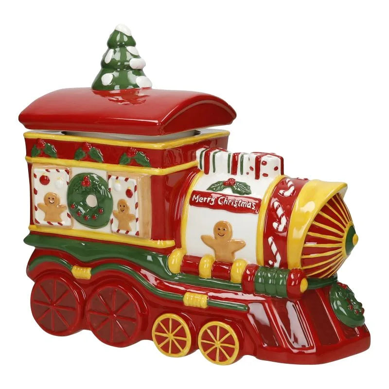 Caja decorativa con forma de tren navideño Sotto L'Albero de Brandani, con detalles festivos.