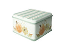 Caja decorativa Brandani Zucche con patrón de calabazas y rayas en tonos otoñales sobre fondo blanco.
